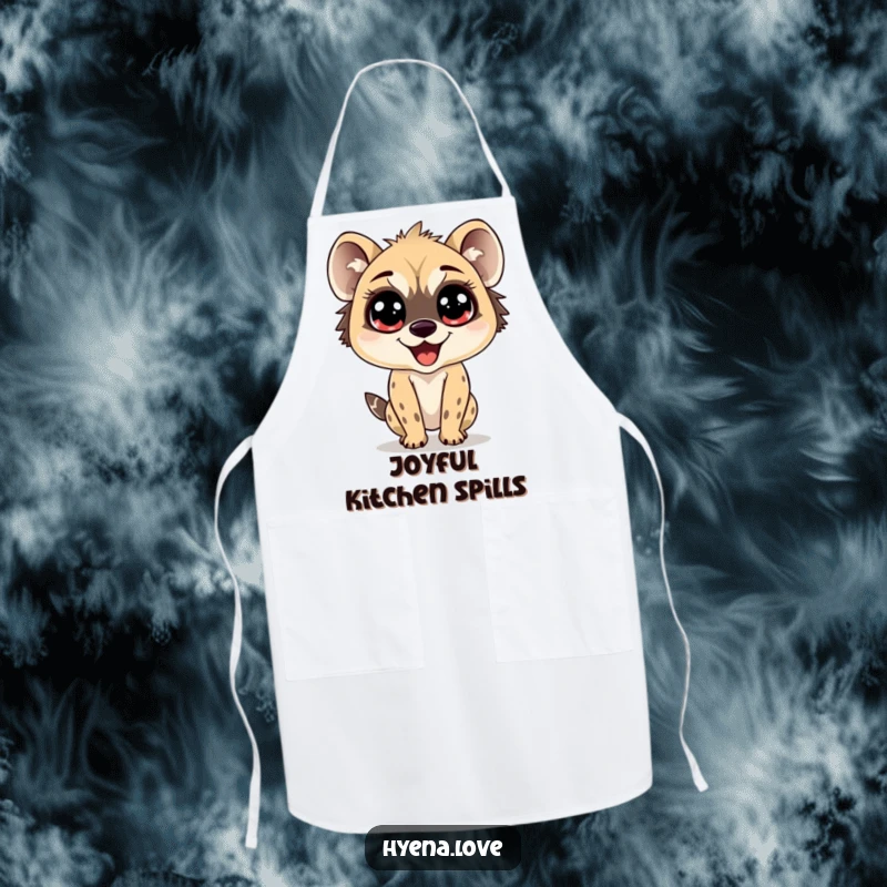Funny Apron showcasing a hyena with enormous, sparkling eyes, bouncing with pure delight, perfect for adding humor and charm to kitchen tasks.