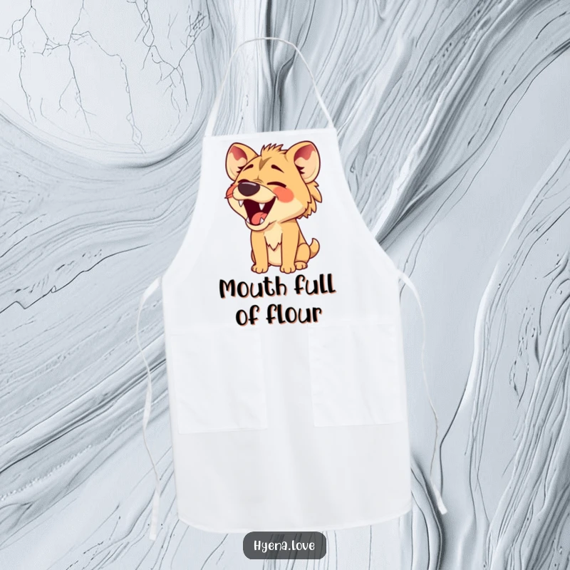Funny Apron showcasing a hyena with its jaws wide open in a comical, silent laugh, perfect for adding humor to kitchen activities.