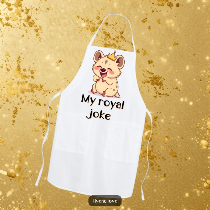 Funny Apron: A regal hyena with a small crown is depicted rolling on its back, overcome with hilarious giggles.