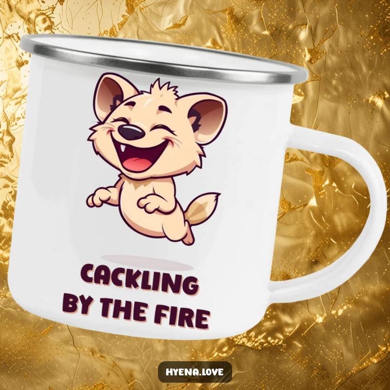Funny Camping Mug showcasing a hyena joyfully leaping with an infectious grin, perfect for outdoor use with a humorous and energetic flair.