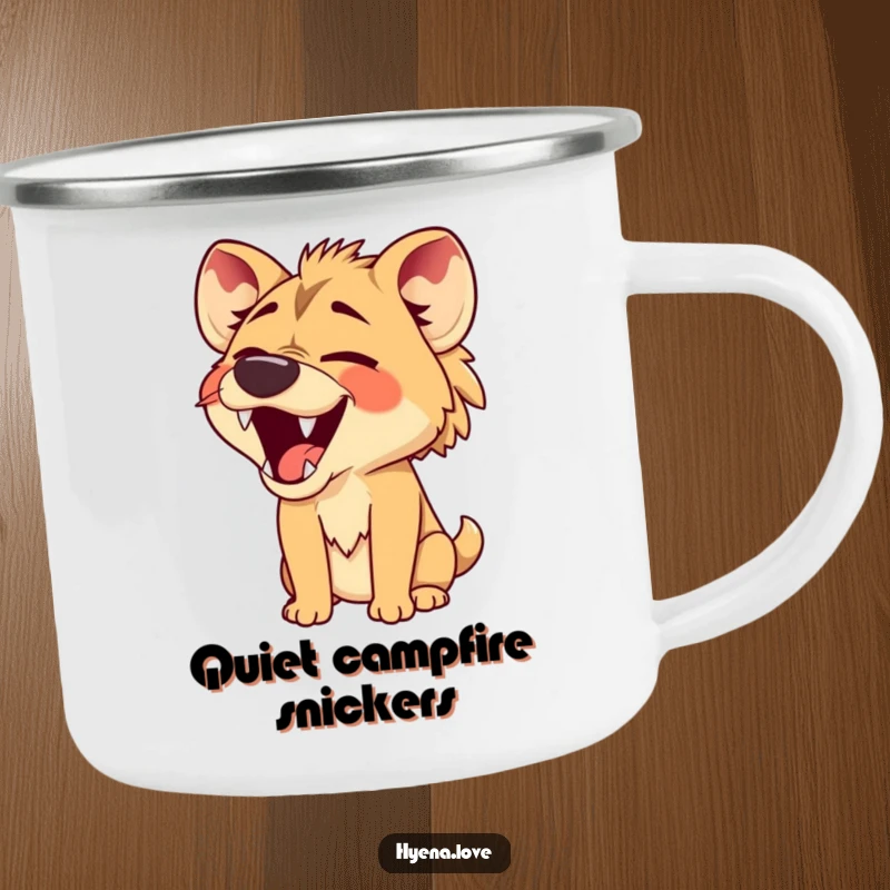 Funny Camping Mug showcasing a hyena with its jaws wide open in a comical, silent laugh, perfect for outdoor use with a humorous touch.