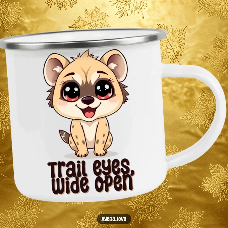 Funny Camping Mug showcasing a hyena with enormous, sparkling eyes, bouncing with pure delight, perfect for outdoor use with a charming touch.