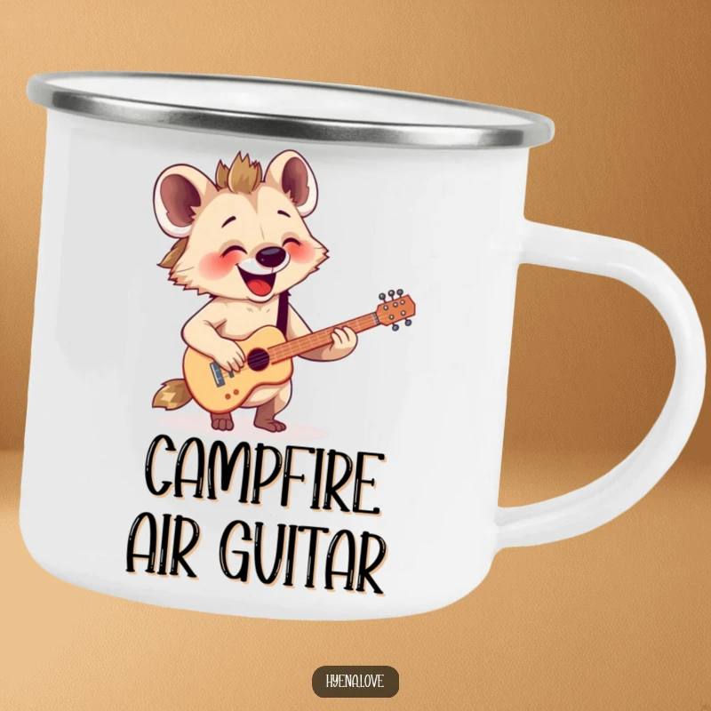 Funny Camping Mug: A happy hyena enthusiastically strums a tiny, imaginary guitar with great joy in an outdoor setting.