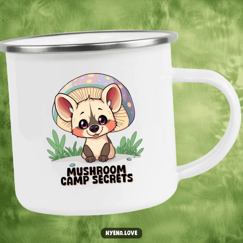 Funny Camping Mug: A mischievous hyena with wide eyes peeks from behind a giant, colorful mushroom in an outdoor setting.
