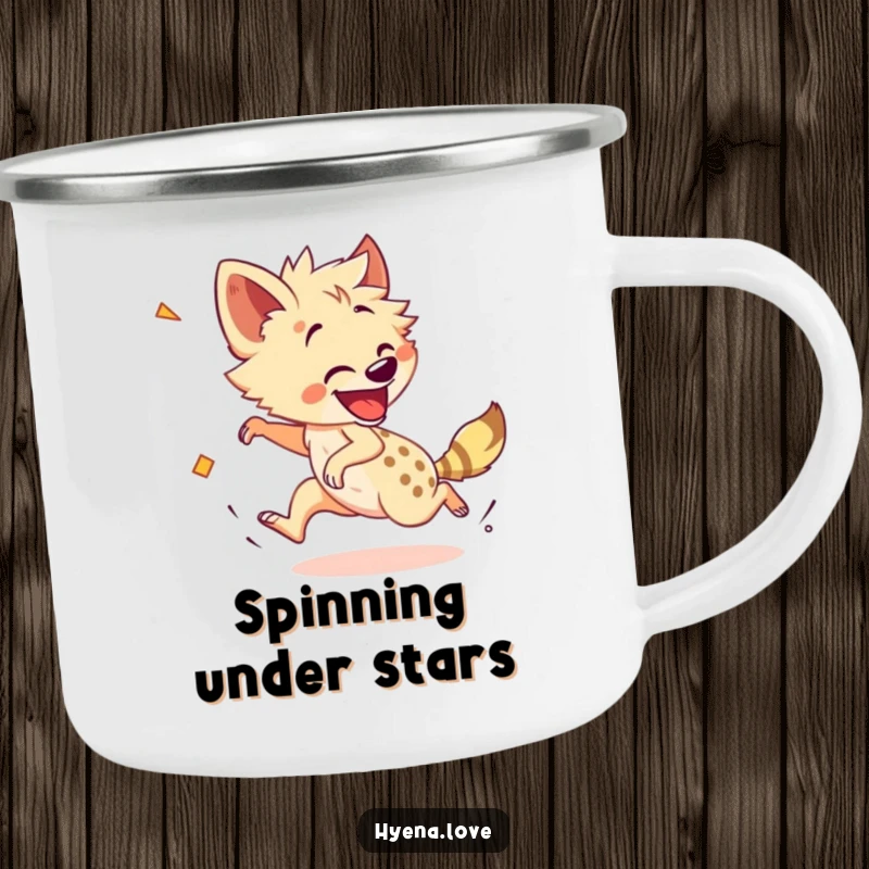 Funny Camping Mug: A cheerful hyena is enthusiastically chasing its own tail in a dizzying, comical spin outdoors.