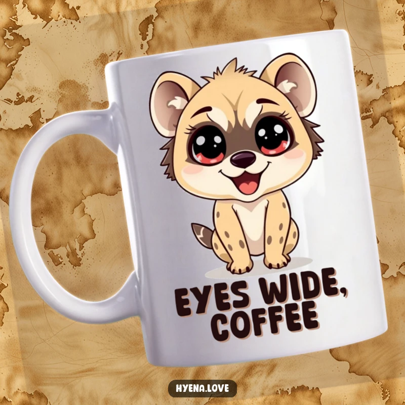 Funny Mug with a hyena possessing enormous, sparkling eyes, depicted bouncing with pure, unadulterated delight and excitement.