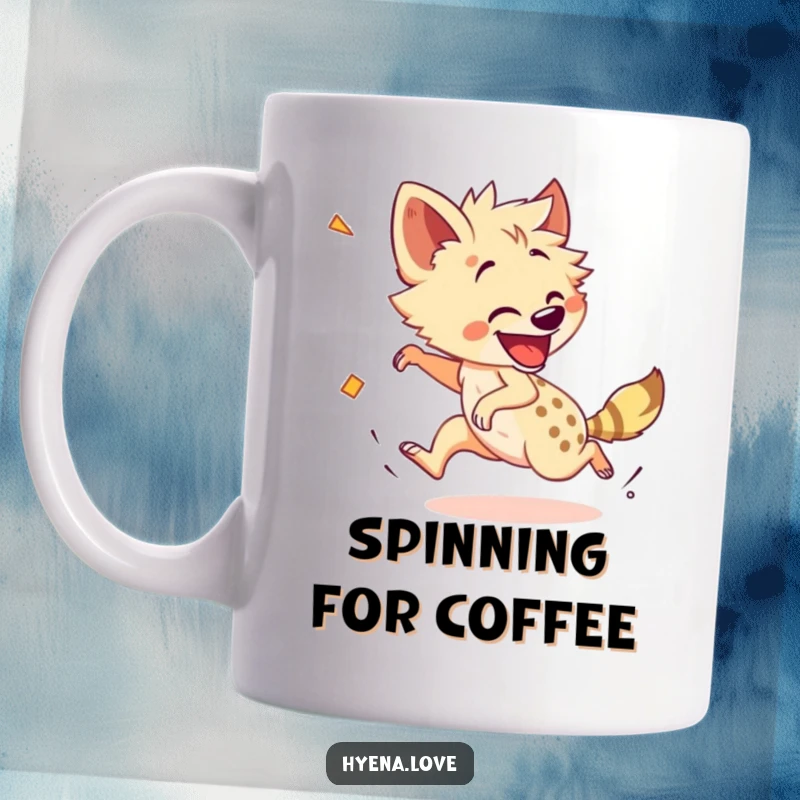Funny Mug: A cheerful hyena is comically chasing its own tail with enthusiastic dizziness and a happy expression.