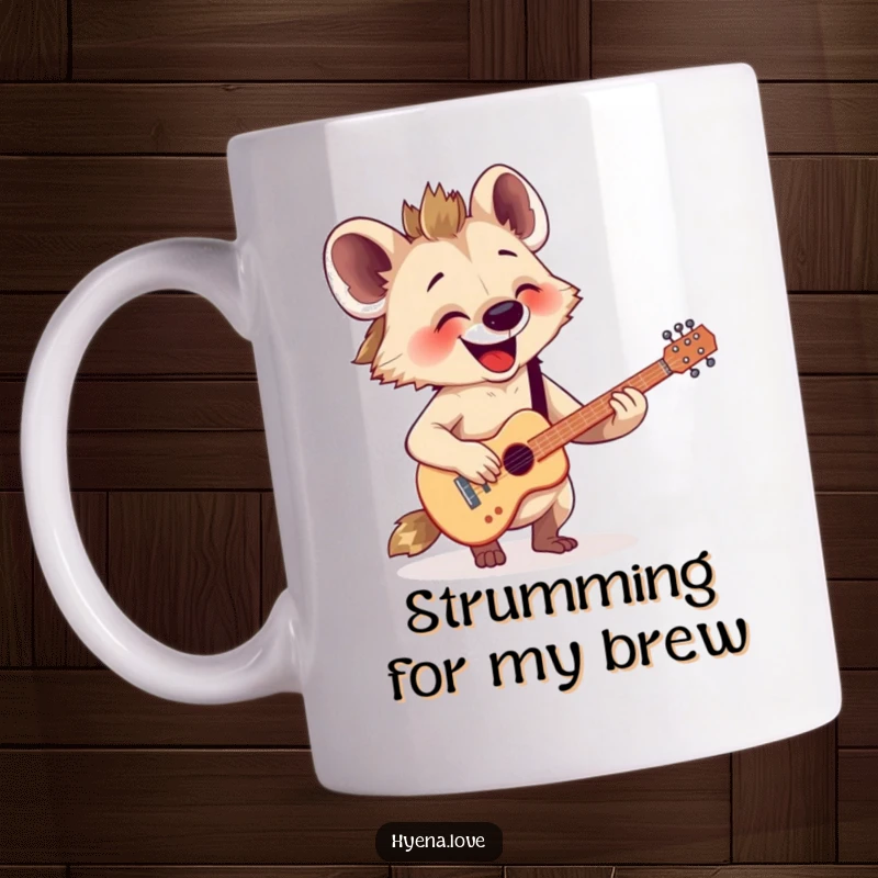 Funny Mug: A happy hyena joyfully strums a tiny, imaginary guitar with immense enthusiasm.