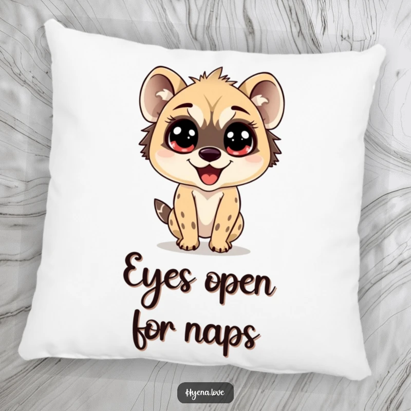 Funny Pillow featuring a hyena with enormous, sparkling eyes, bouncing with pure delight, offering a touch of whimsical charm and comfort.