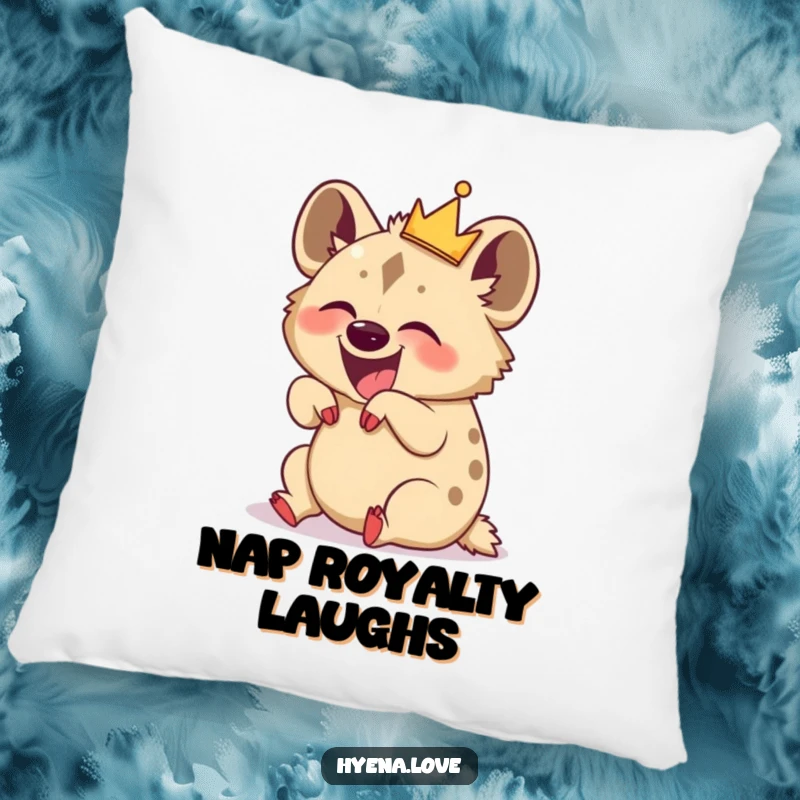 Funny Pillow: A crowned hyena is comically rolling on its back, bursting with uncontrollable, hilarious laughter.