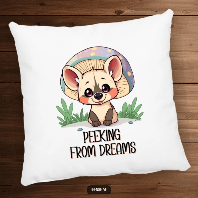 Funny Pillow: A mischievous hyena with wide eyes playfully peeks out from behind a large, colorful mushroom.