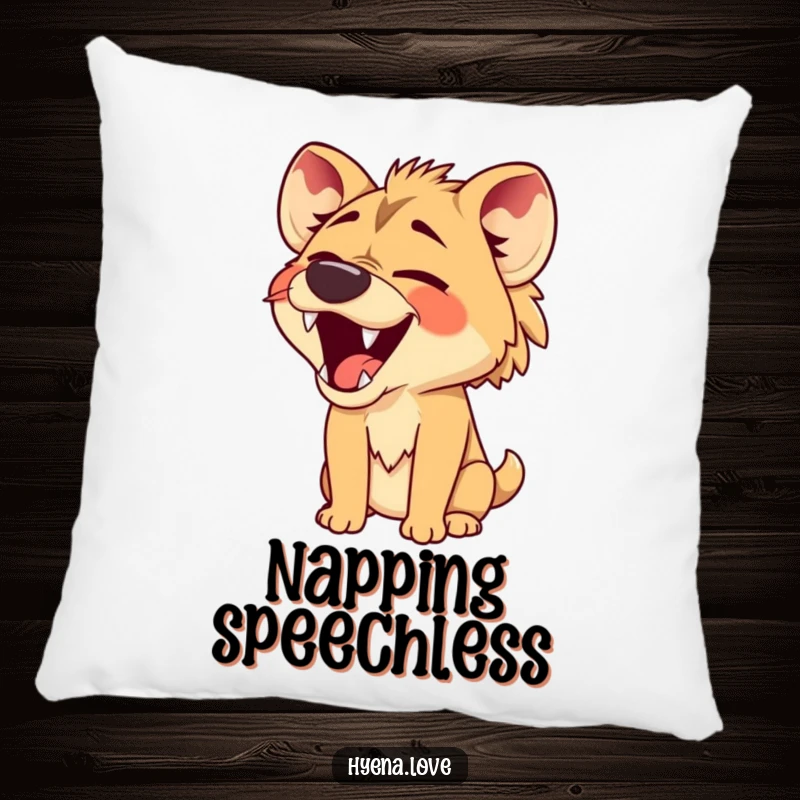 Funny Pillow featuring a hyena with its jaws wide open in a comical, silent laugh, bringing a touch of silent humor and comfort.