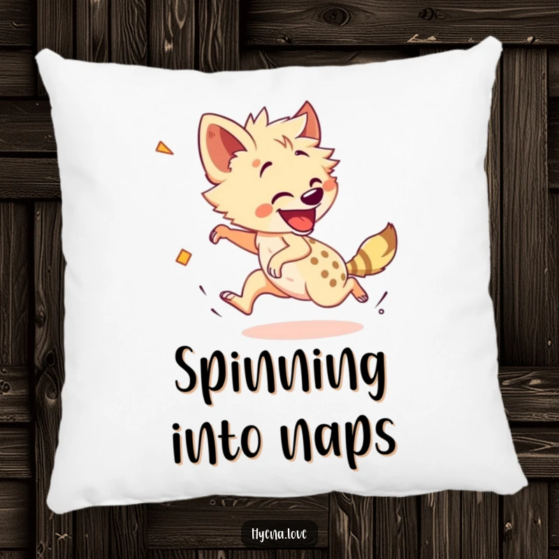 Funny Pillow: A cheerful hyena is happily and dizzyingly chasing its own tail with great enthusiasm.
