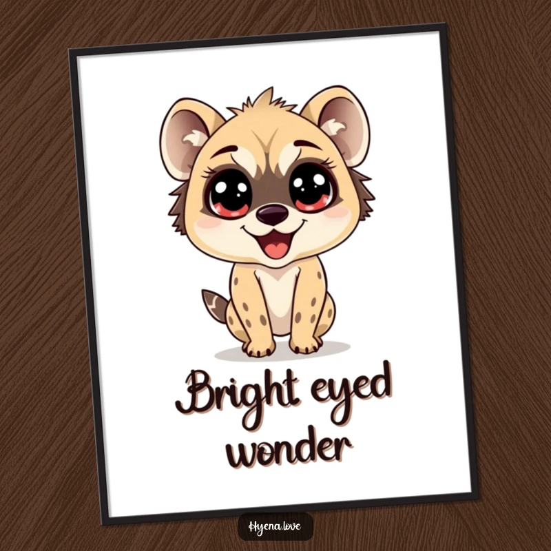 Funny Digital Art Print of a hyena with enormous, sparkling eyes, bouncing with pure delight, adding a cheerful and humorous touch to decor.