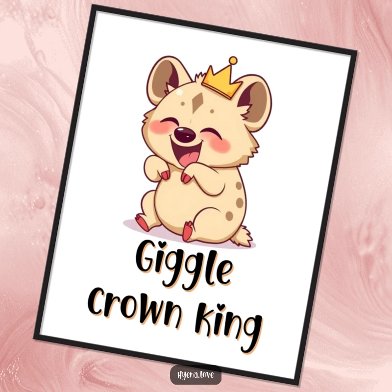 Funny Digital Art Print: A crowned hyena rolls on its back, captured in a moment of pure, hilarious, uncontrollable laughter.