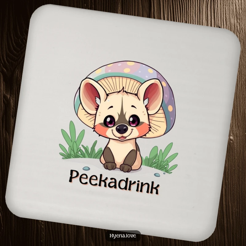 Funny Coaster: A mischievous hyena with wide eyes peeks out from behind a giant, colorful mushroom.