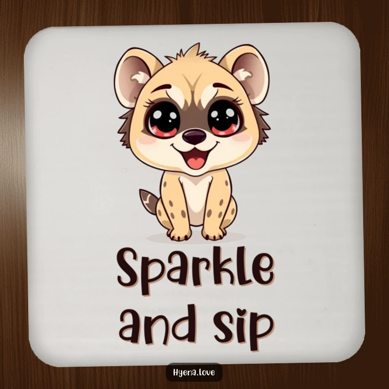 Funny Drink Coaster with a hyena’s enormous, sparkling eyes, bouncing with pure delight, perfect for adding humor and protecting surfaces.