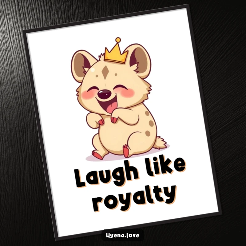 Funny Poster: A whimsical crowned hyena rolls on its back, captured in a moment of uncontrollable, joyous laughter.