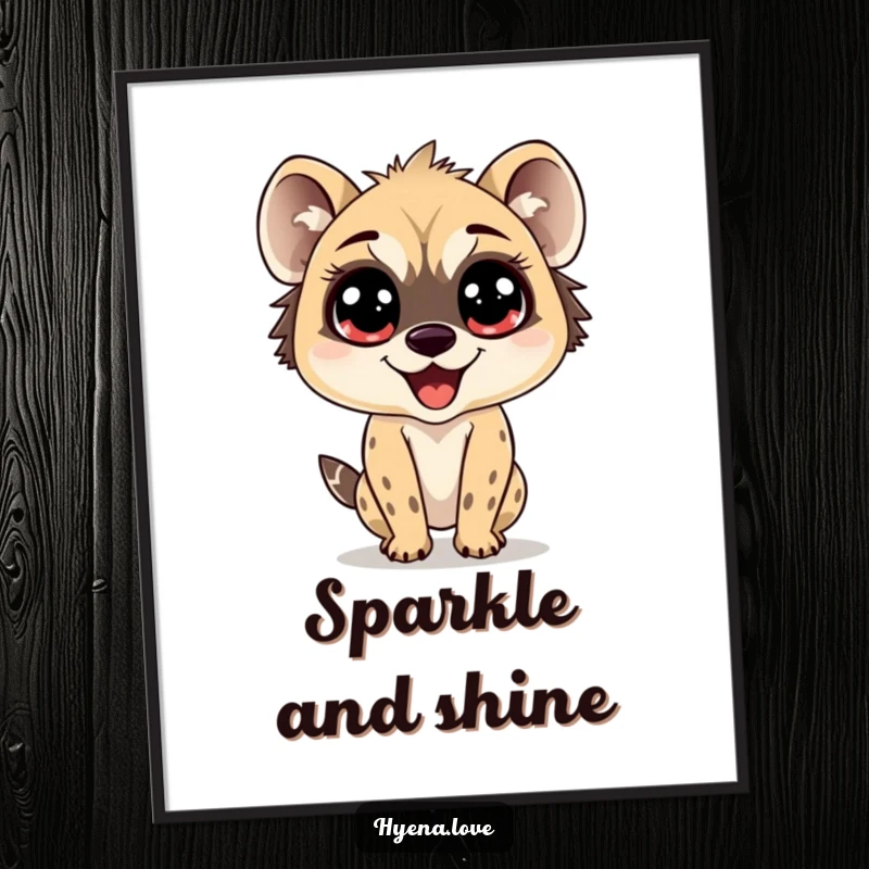 Funny Poster of a hyena with enormous, sparkling eyes, depicted bouncing with pure delight, adding a touch of wonder to wall decor.