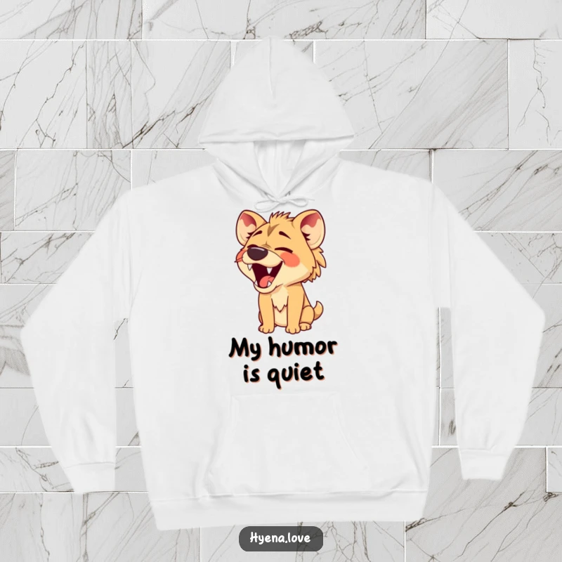 Funny Hoodie depicting a hyena with its jaws wide open in a comical, silent laugh, perfect for staying warm and spreading silent amusement.