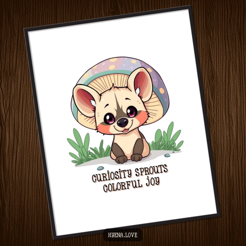 Funny Free Printable Wall Art: A mischievous hyena with wide eyes peeks out from behind a giant, vibrant, colorful mushroom.