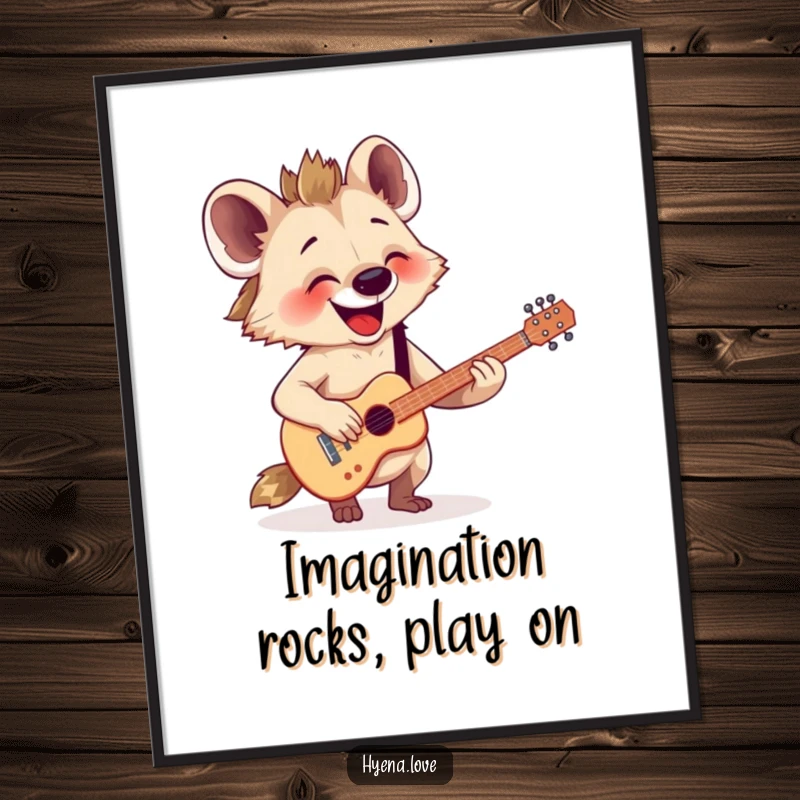 Funny Free Printable Wall Art: A happy hyena enthusiastically strums a tiny imaginary guitar, radiating pure joy and musical energy.
