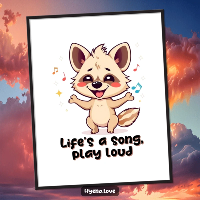 Funny Free Printable Wall Art: A playful hyena character juggles a cluster of sparkling musical notes with a wide, happy smile.