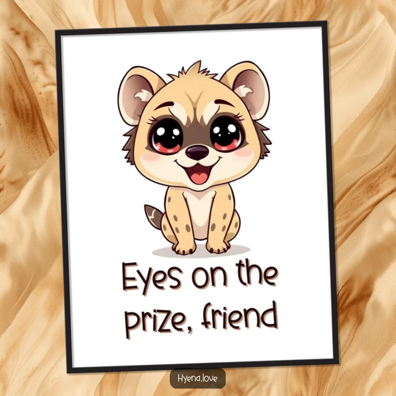 Funny Free Printable Wall Art of a hyena with enormous, sparkling eyes, shown mid-bounce with infectious delight and happiness.