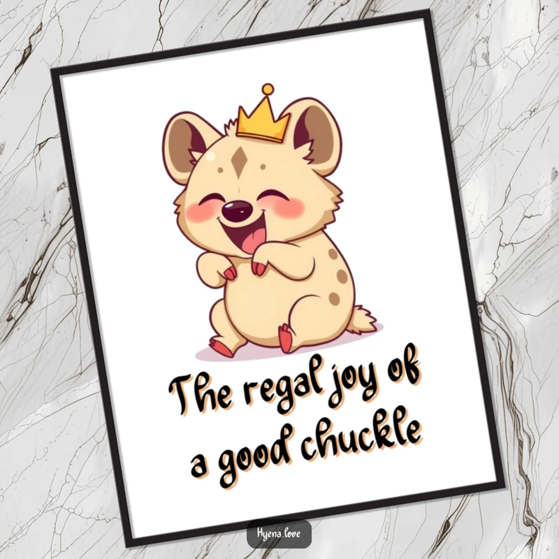 Funny Free Printable Wall Art: A giggling hyena wearing a small crown, rolling with laughter, whimsical and joyous.