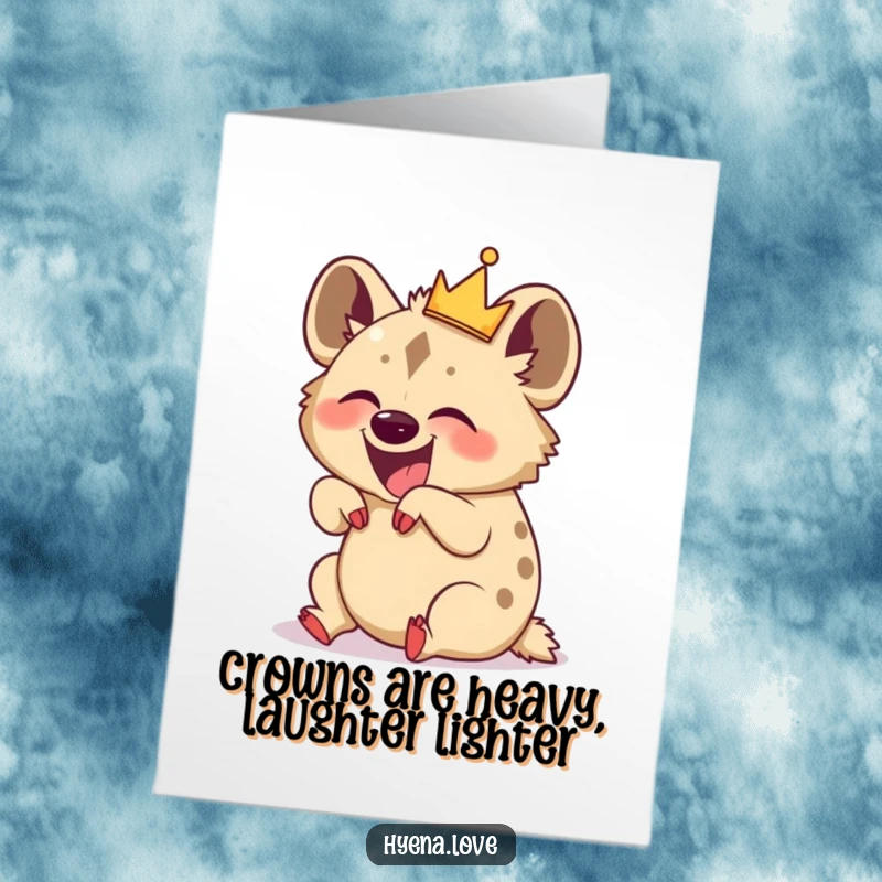 Funny Free Printable Birthday Card: Giggling hyena in a crown rolls on back laughing, pure joy.