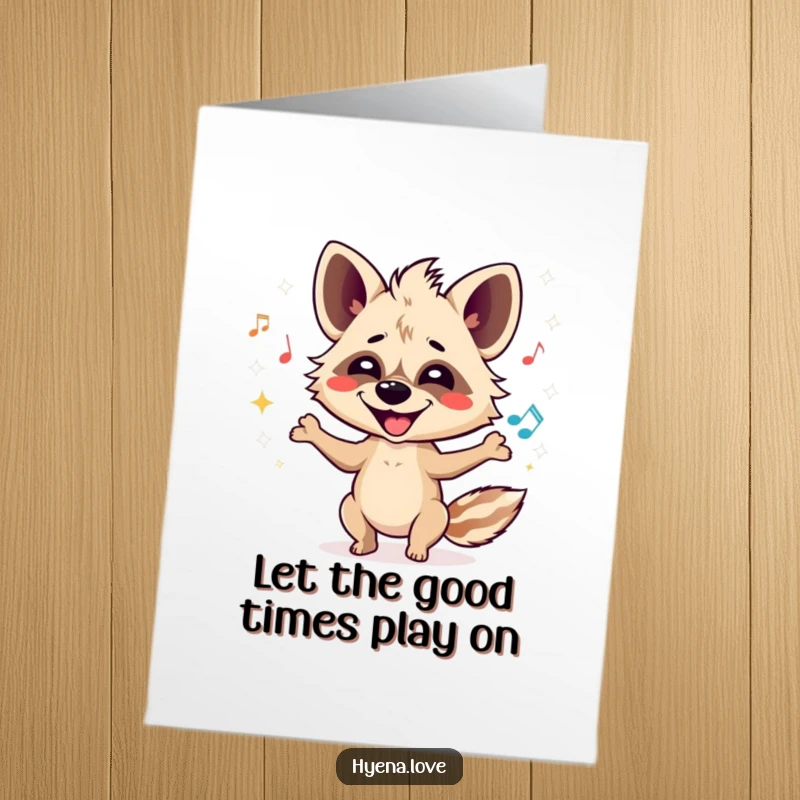 Funny Free Printable Birthday Card: Playful hyena character juggles sparkling musical notes with a big smile, joyful.