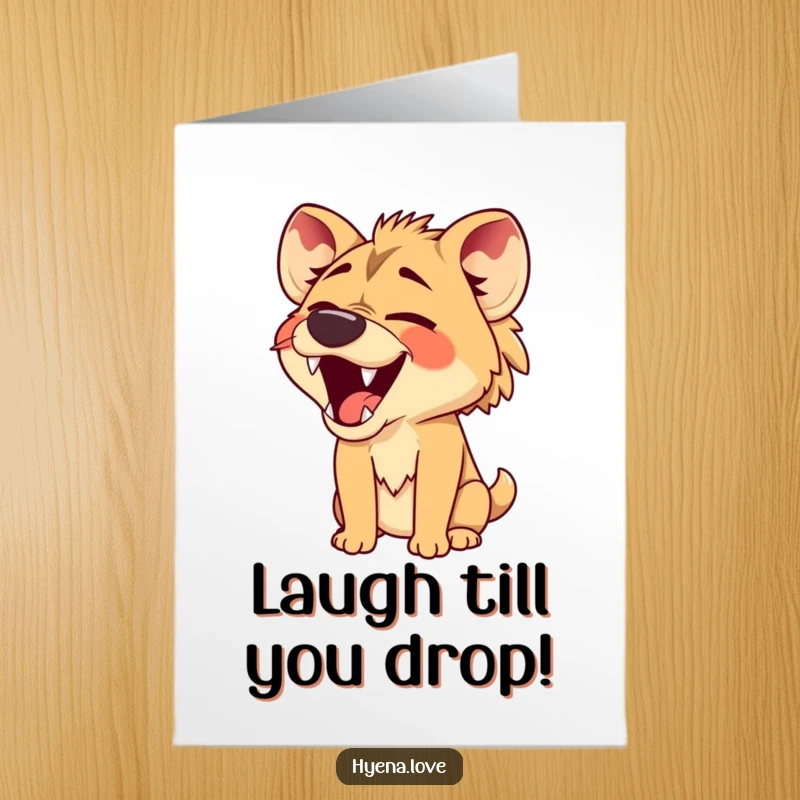 Funny Free Printable Birthday Card of a hyena with jaws wide open, captured in a hilarious, silent, comical laugh.