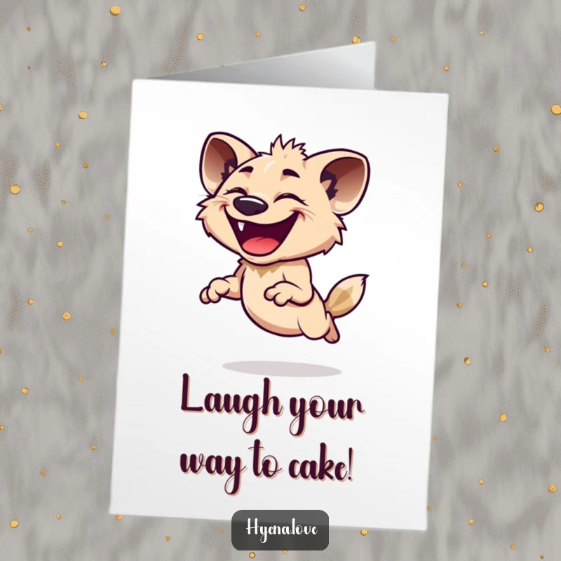 Funny Free Printable Birthday Card of a hyena with a huge grin, joyfully leaping with its head back in pure birthday bliss.