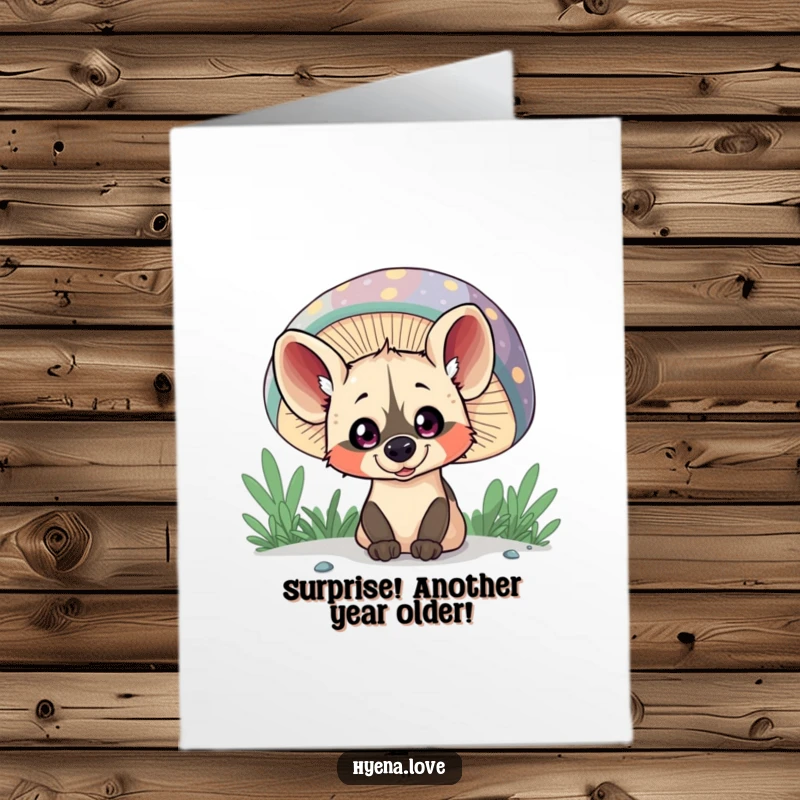 Funny Free Printable Birthday Card: Mischievous hyena peeks from behind a giant mushroom with wide, curious eyes.