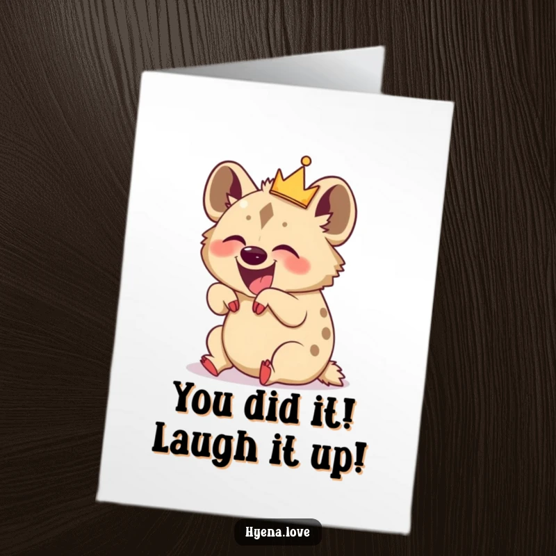 Funny Free Printable Congratulations Card: Giggling hyena wearing a crown, celebrating with laughter, pure delight.