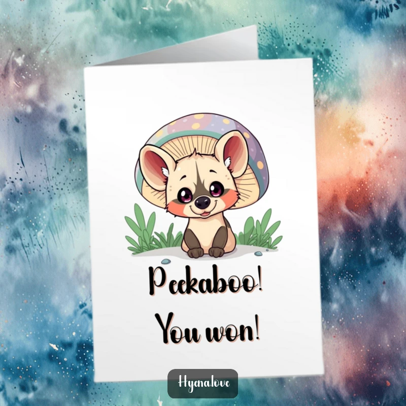 Funny Free Printable Congratulations Card: A mischievous hyena peeks from behind a large, colorful mushroom with wide, excited eyes.
