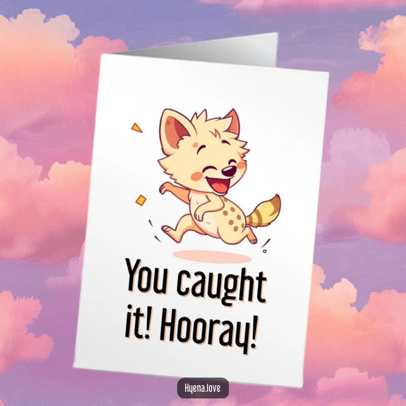 Funny Free Printable Congratulations Card: A cheerful hyena chases its own tail with dizzying enthusiasm, celebrating.