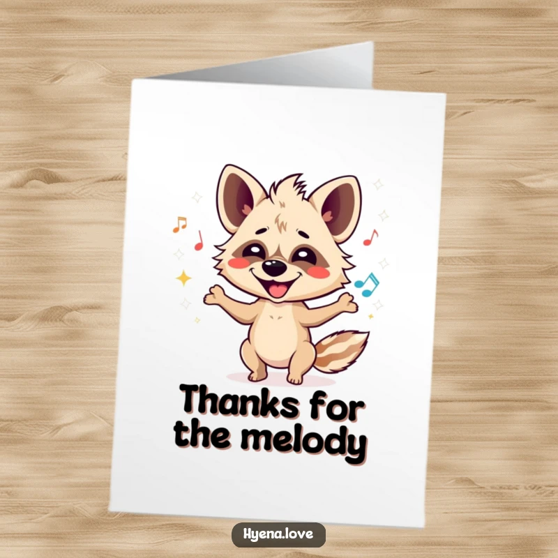 Funny Free Printable Thank You Card: A playful hyena juggles sparkling musical notes, sending thanks with a smile.