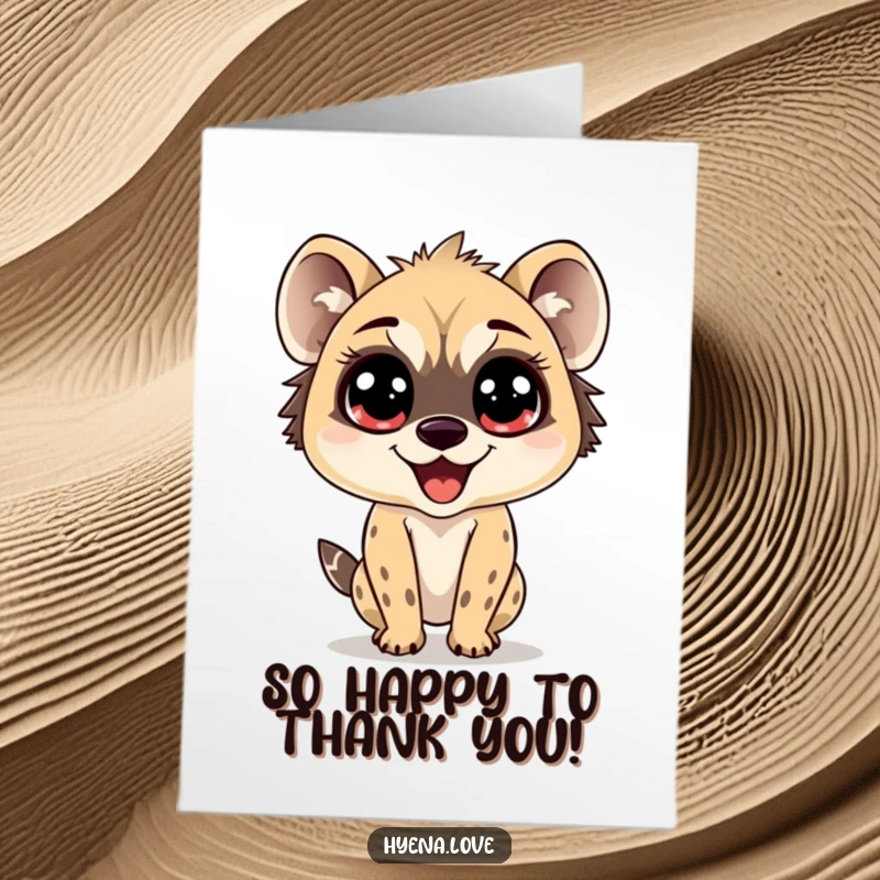 Funny Free Printable Thank You Card featuring a hyena with enormous, sparkling eyes, bouncing with pure delight to show gratitude.