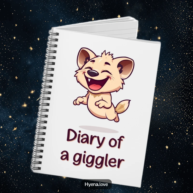 Funny Notebook with a hyena joyfully leaping with a wide, infectious grin, perfect for jotting down notes with a humorous and energetic vibe.