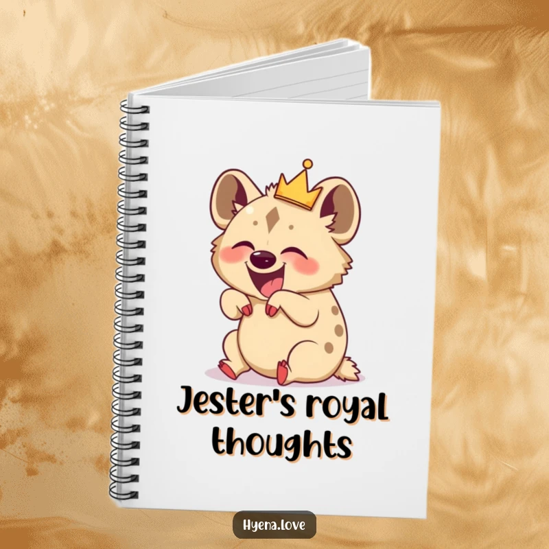 Funny Notebook: A giggling hyena wearing a tiny crown is shown rolling on its back, in a state of pure, hilarious mirth.