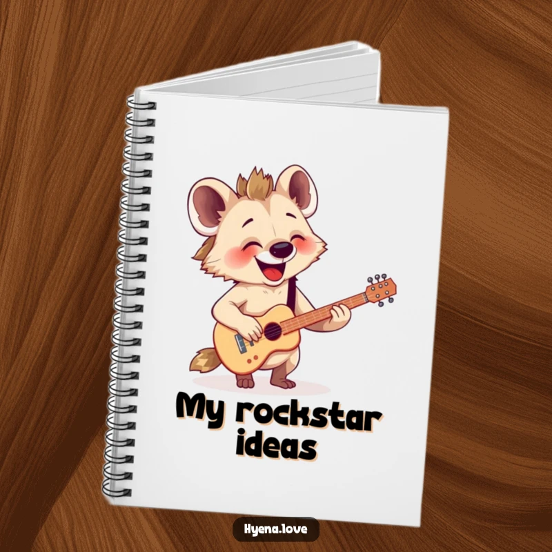 Funny Notebook: A happy hyena enthusiastically strums a tiny, imaginary guitar with great joy.