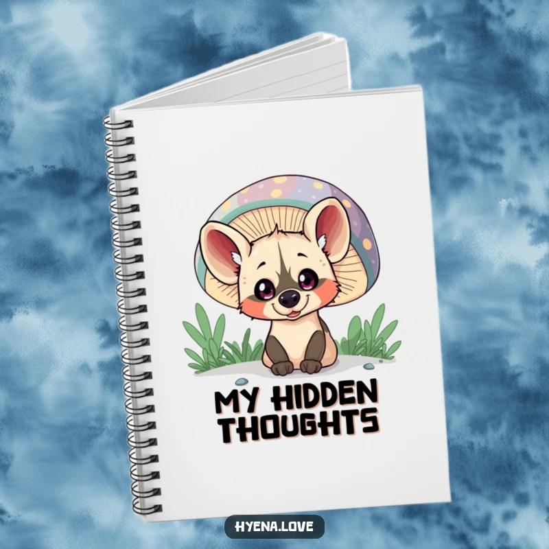 Funny Notebook: A mischievous hyena with wide eyes peeks out from behind a giant, colorful mushroom.