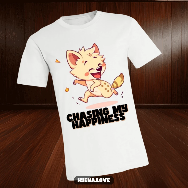 Funny T-Shirt: A cheerful hyena is depicted in a dizzying, enthusiastic chase after its own tail with a wide smile.