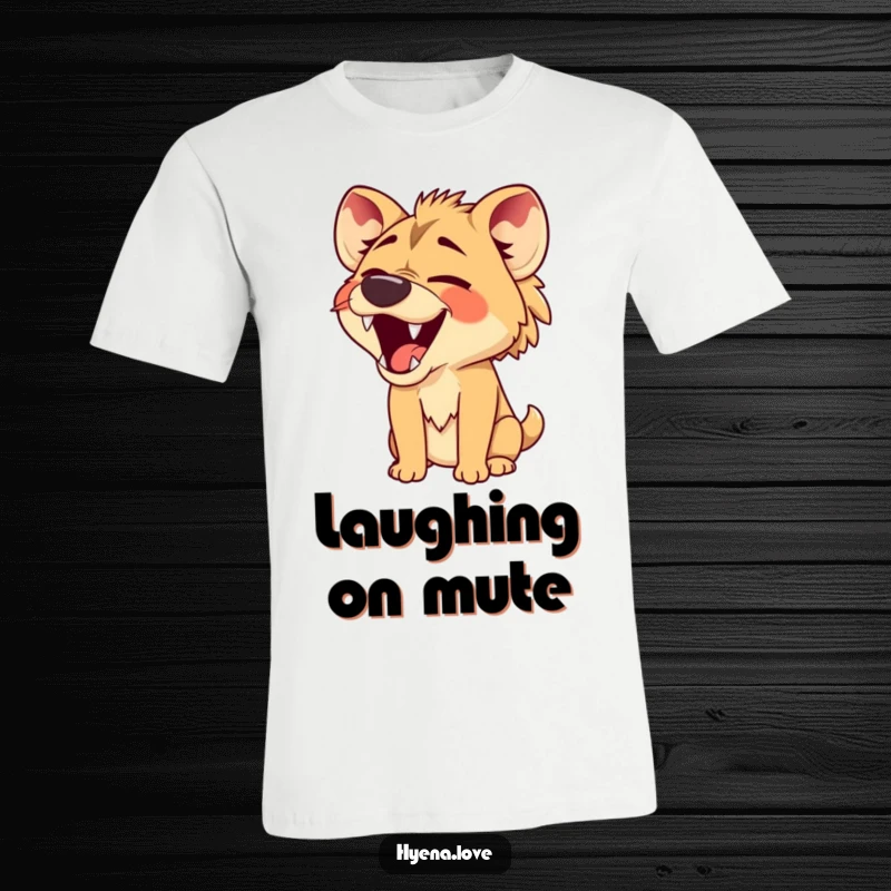 Funny T-Shirt featuring a hyena with its jaws wide open in a comical, silent laugh, conveying contagious, silent amusement.