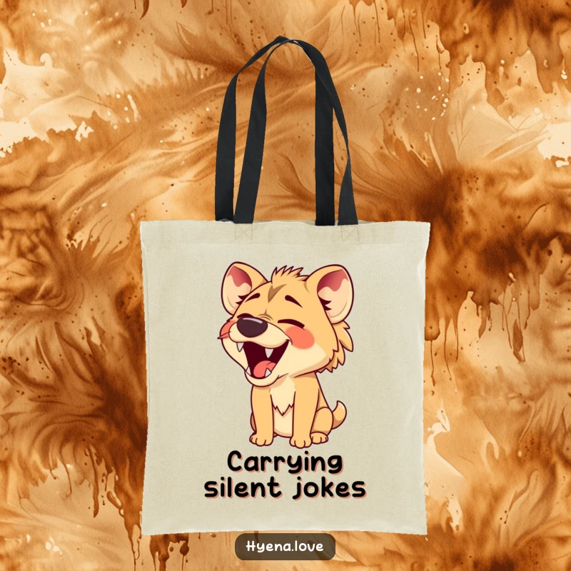 Funny Tote Bag showcasing a hyena with its jaws wide open in a comical, silent laugh, perfect for carrying essentials with a humorous touch.