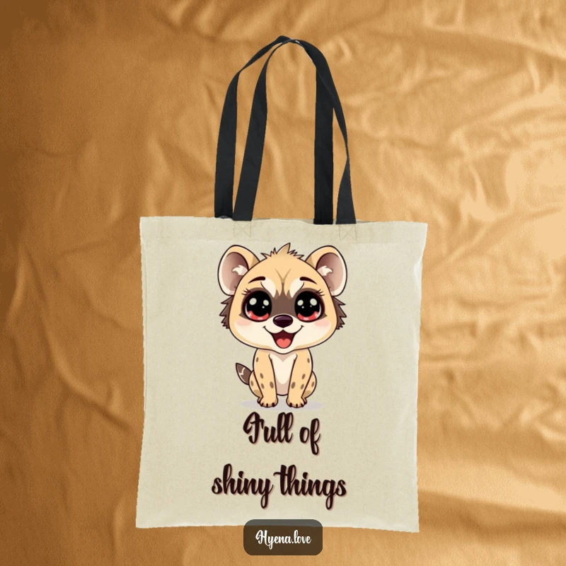 Funny Tote Bag showcasing a hyena with enormous, sparkling eyes, bouncing with pure delight, perfect for carrying essentials with a touch of charm.