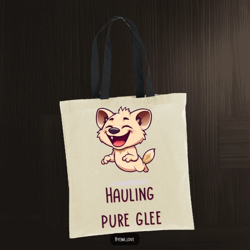Funny Tote Bag showcasing a hyena joyfully leaping with a wide, infectious grin, perfect for carrying essentials with a humorous touch.
